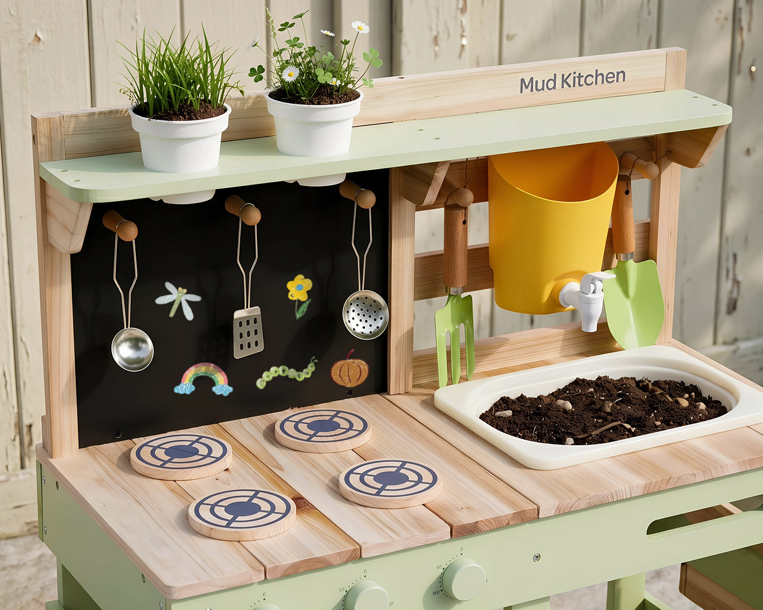 Close-up of green outdoor mud kitchen with working faucet, sink, chalkboard, cookware and garden tools